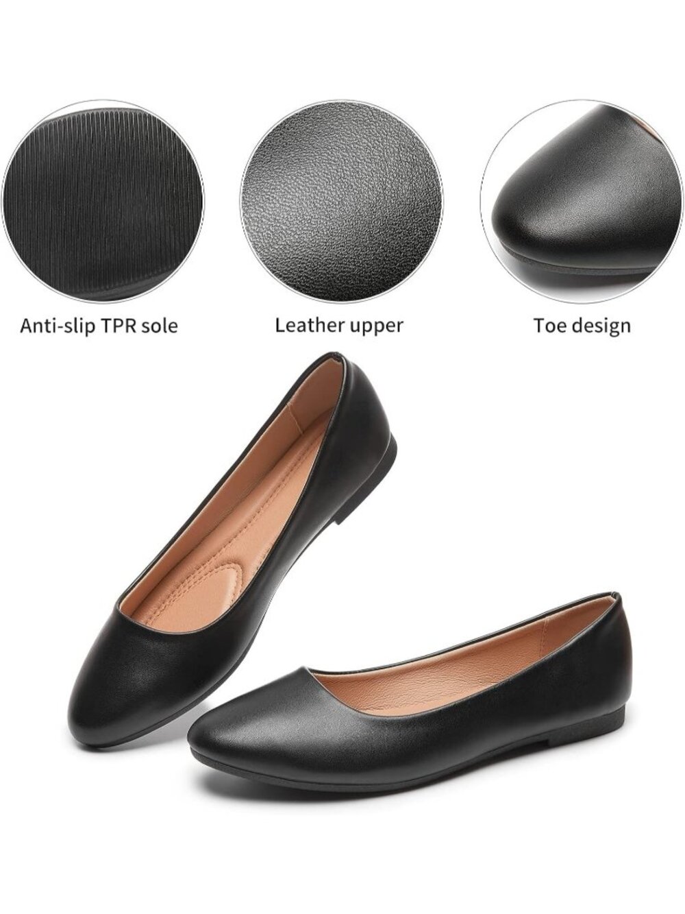 Women's Black Comfortable PU Leather Round Toe Solid Slip on Ballet Flat Shoes - Picture 4 of 6